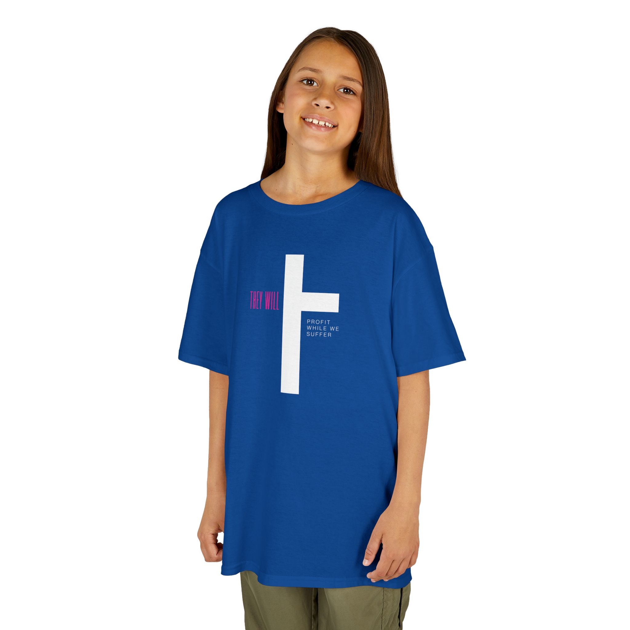 Kids' Heavy Cotton Tee | 'They Profit While We Suffer' | Our Kids Will Inspire Hope