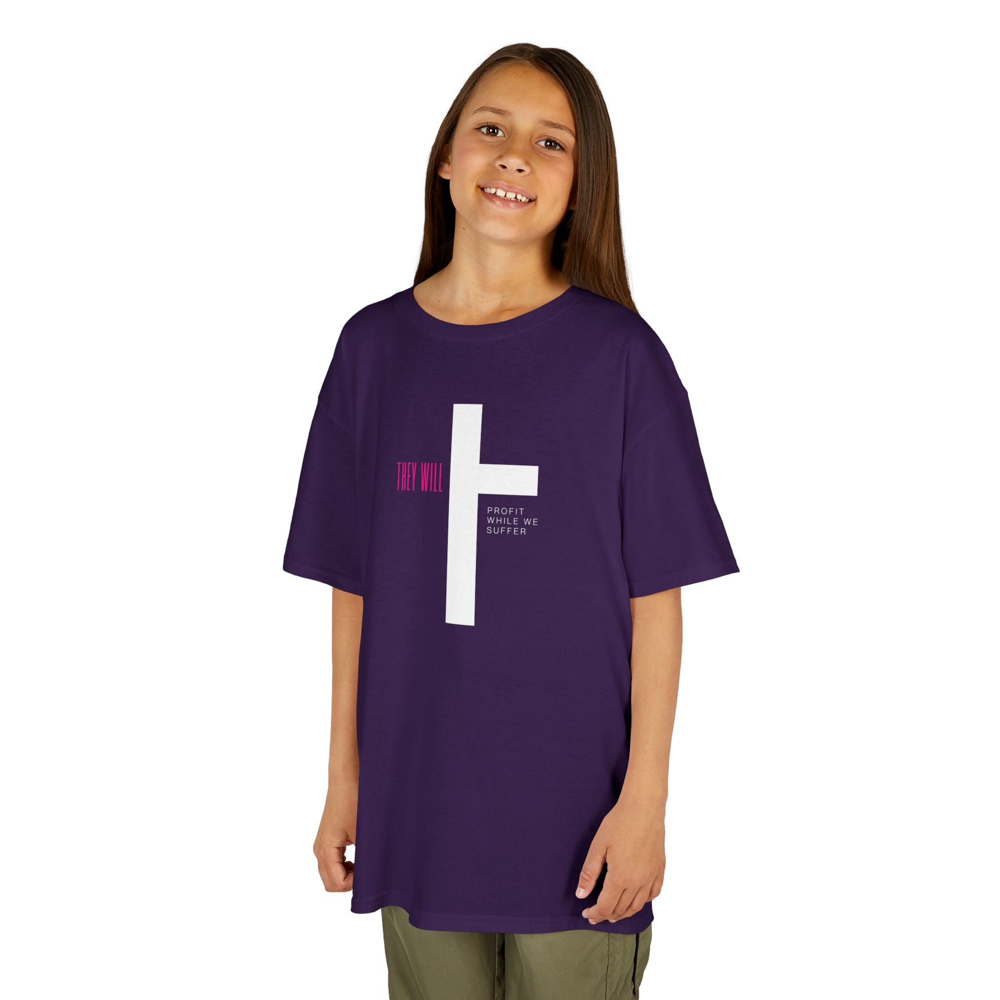 Kids' Heavy Cotton Tee | 'They Profit While We Suffer' | Our Kids Will Inspire Hope