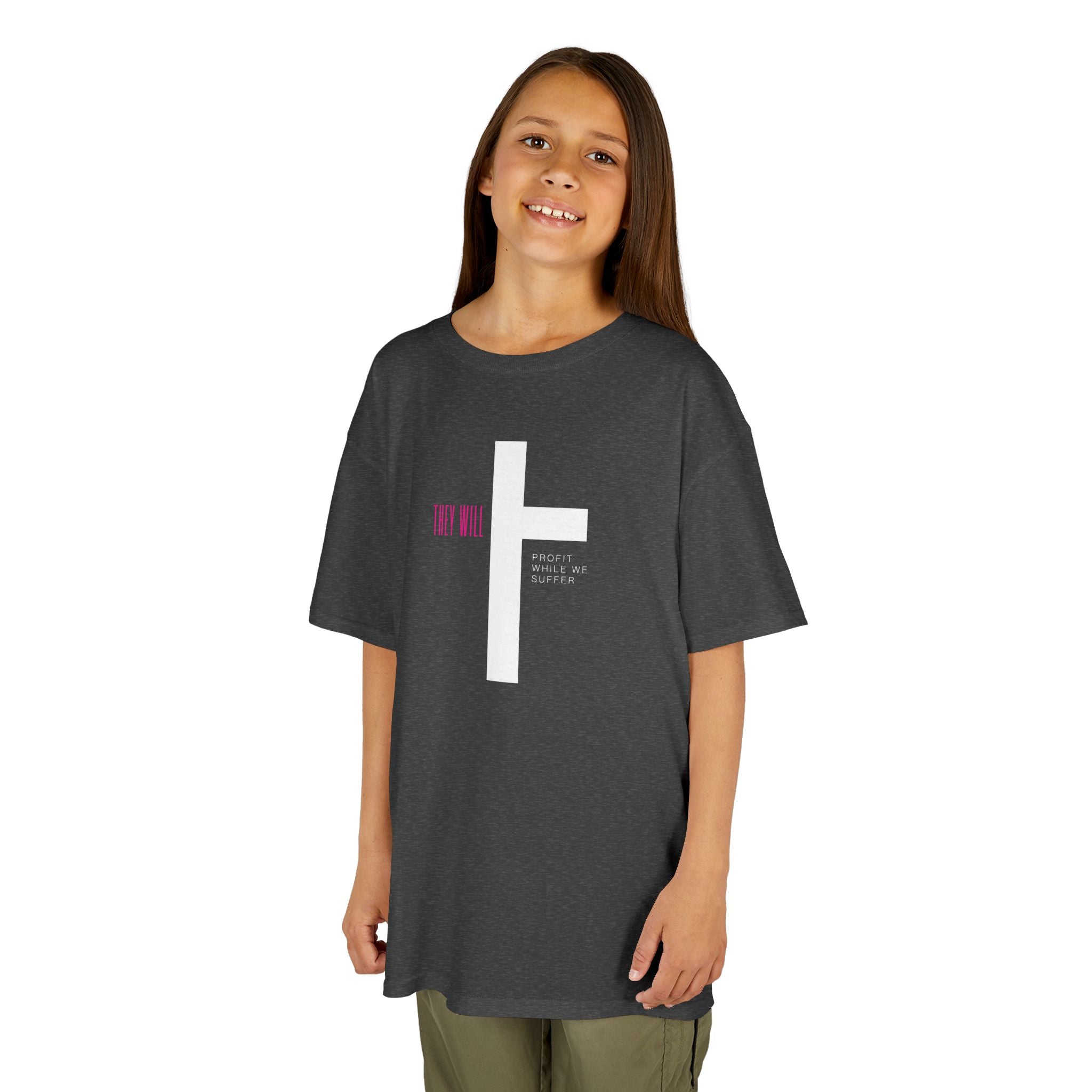 Kids' Heavy Cotton Tee | 'They Profit While We Suffer' | Our Kids Will Inspire Hope