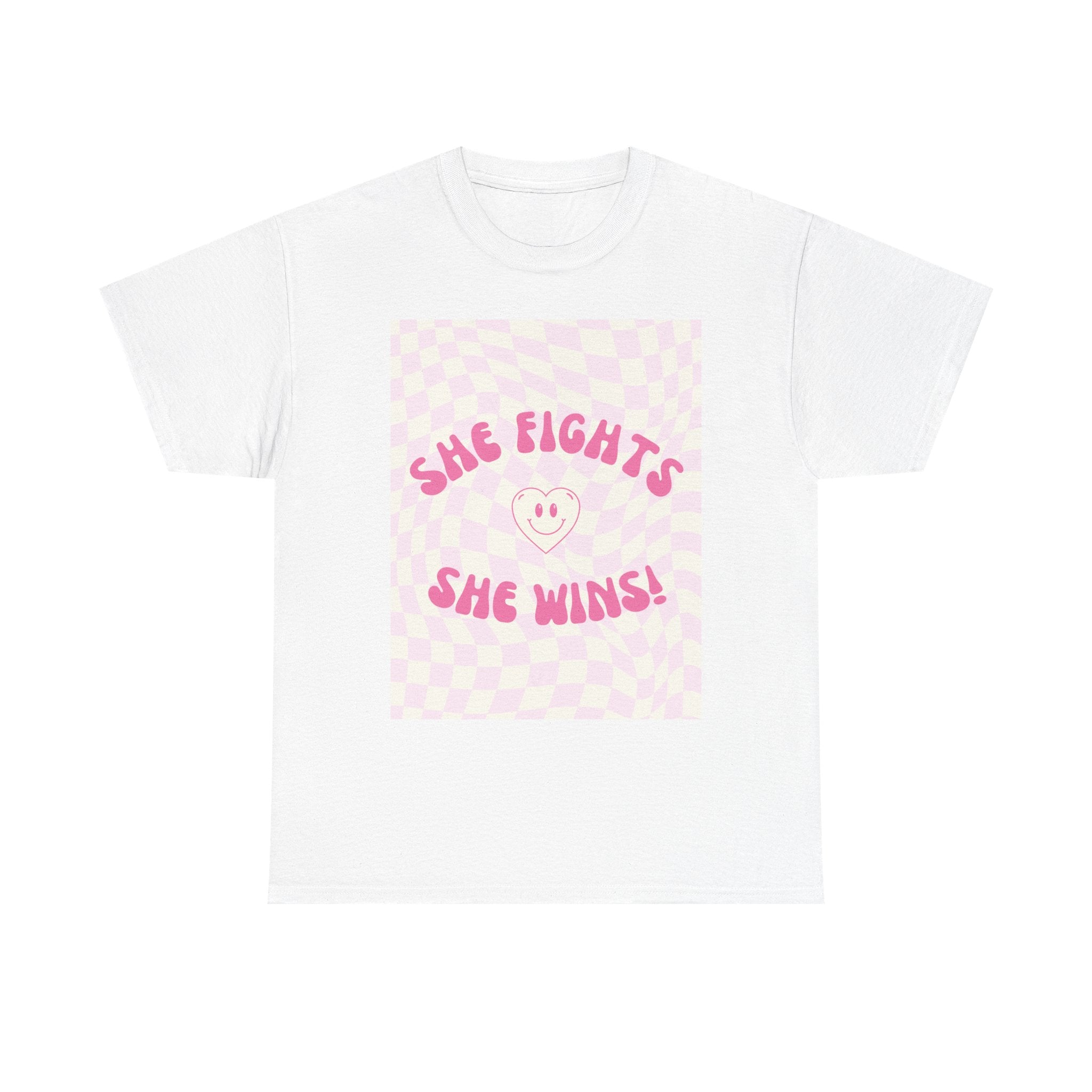 She Fights, She Wins! | Women’s Heavy 100% Cotton T-Shirt | Sizes Up To 5XL