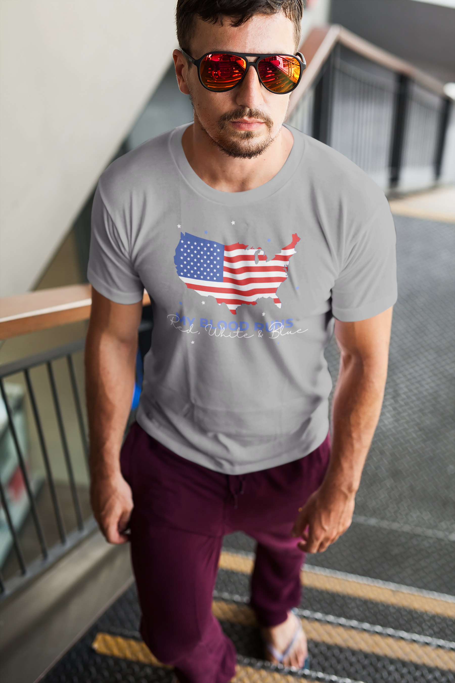 My Blood Runs Red, White & Blue | Patriotic Men's 100% Cotton Crew T-Shirt | Sizes Up To 4XL