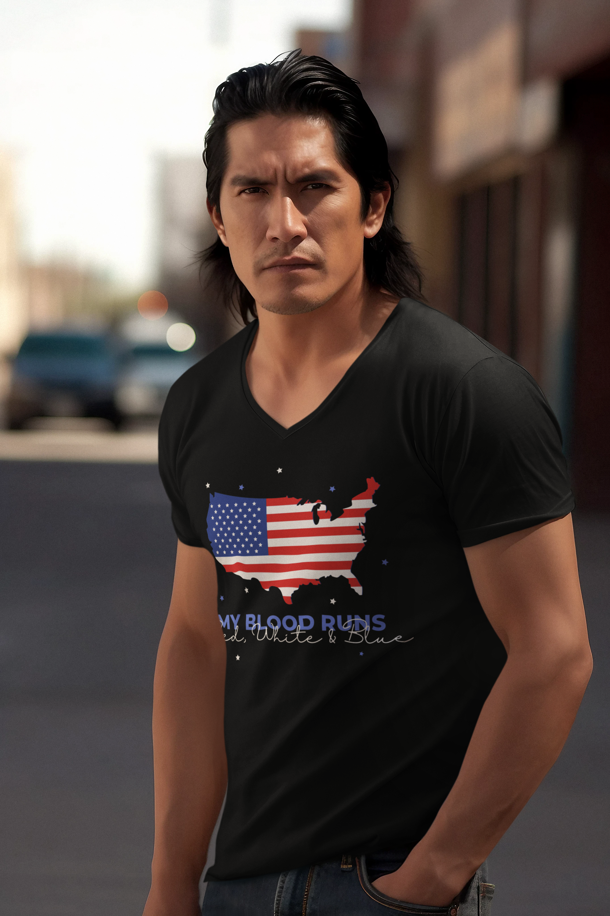 My Blood Runs Red, White & Blue | Men's Fitted Patriotic V-Neck T-Shirt | Sizes Up To 2XL