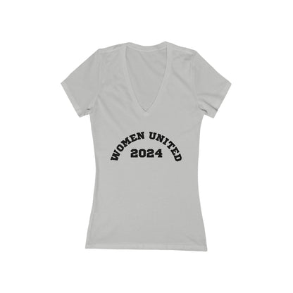 Women's Jersey Short Sleeve Deep V-Neck Tee | Women United 2024 (front) We Will Not Back Down (back)