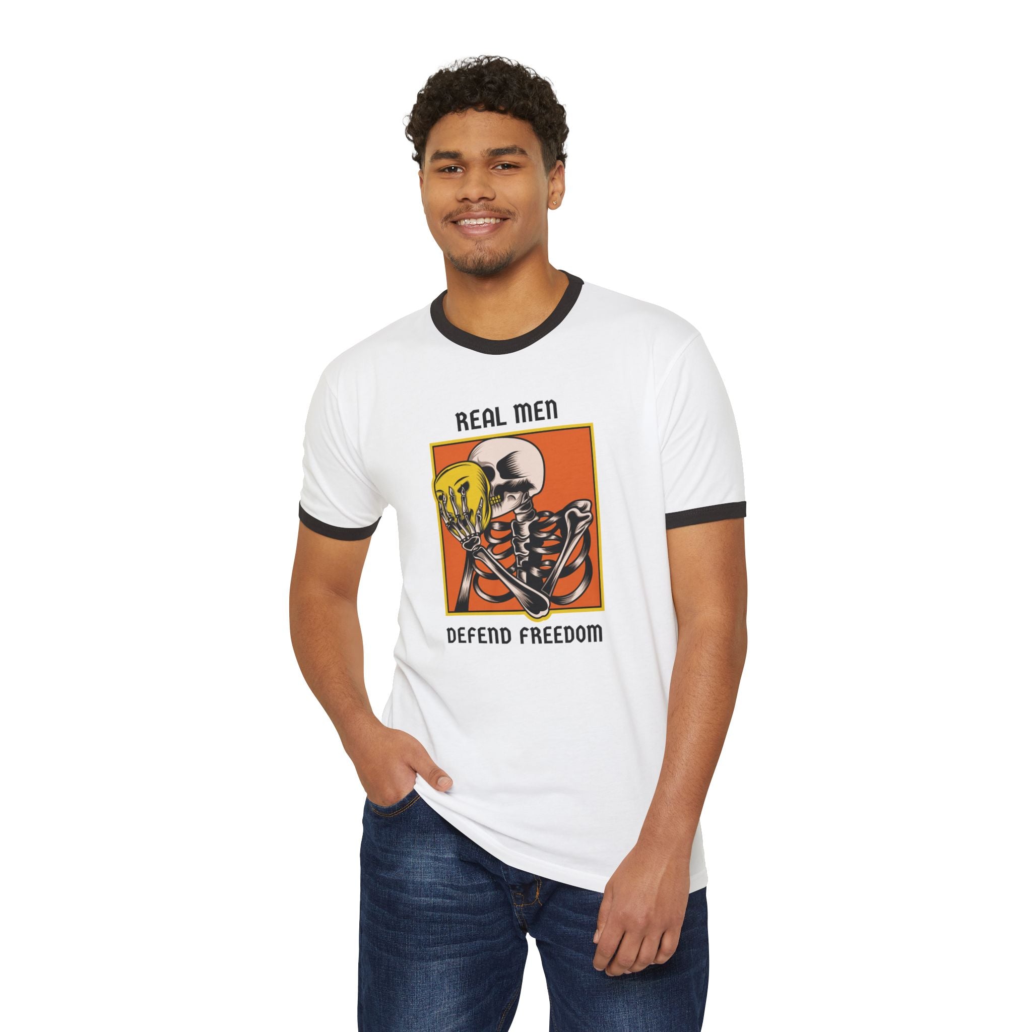 Real Men Defend Freedom | Men's Cotton Ringer T-Shirt | Sizes Up To 3XL