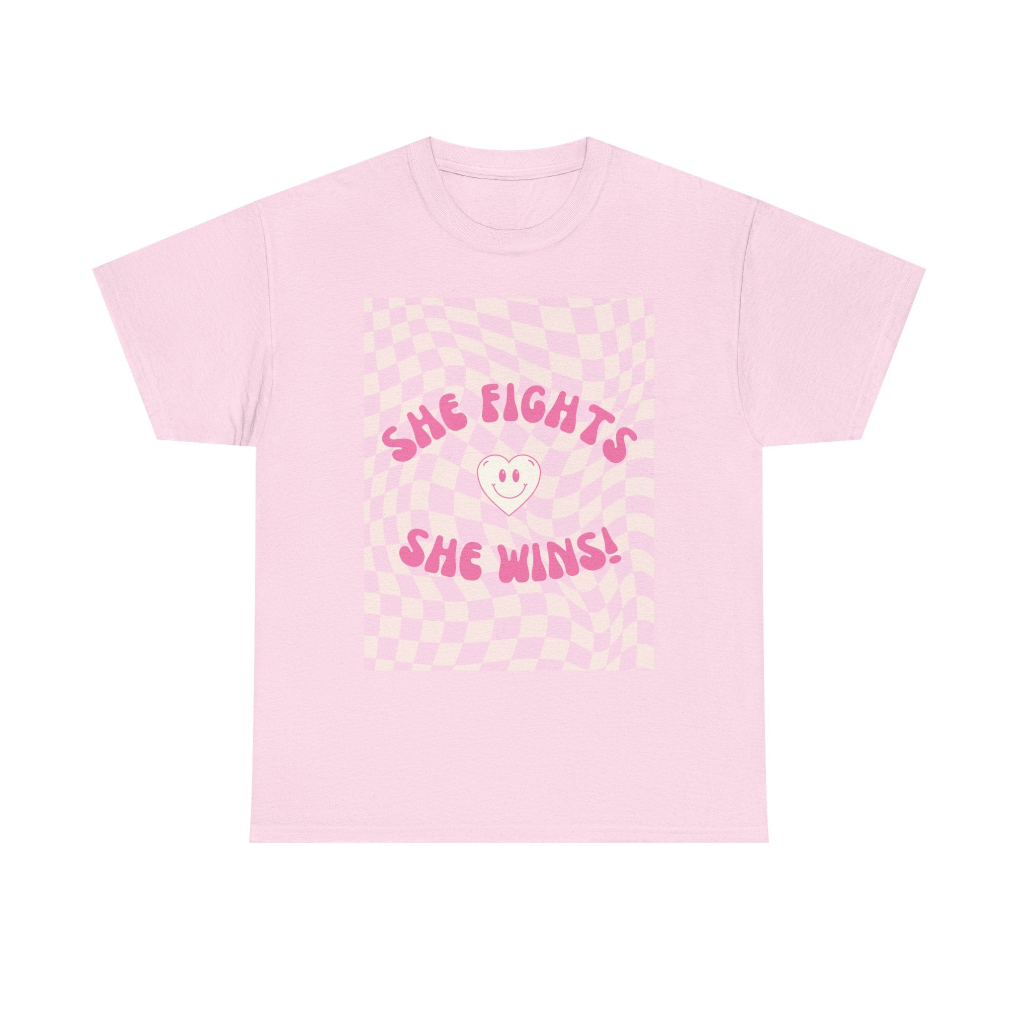 She Fights, She Wins! | Women’s Heavy 100% Cotton T-Shirt | Sizes Up To 5XL