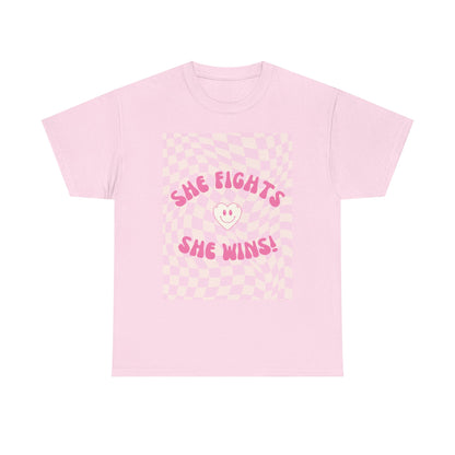 She Fights, She Wins! | Women’s Heavy 100% Cotton T-Shirt | Sizes Up To 5XL
