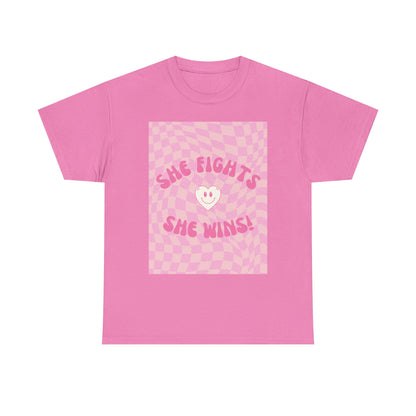 She Fights, She Wins! | Women’s Heavy 100% Cotton T-Shirt | Sizes Up To 5XL