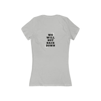 Women's Jersey Short Sleeve Deep V-Neck Tee | Women United 2024 (front) We Will Not Back Down (back)