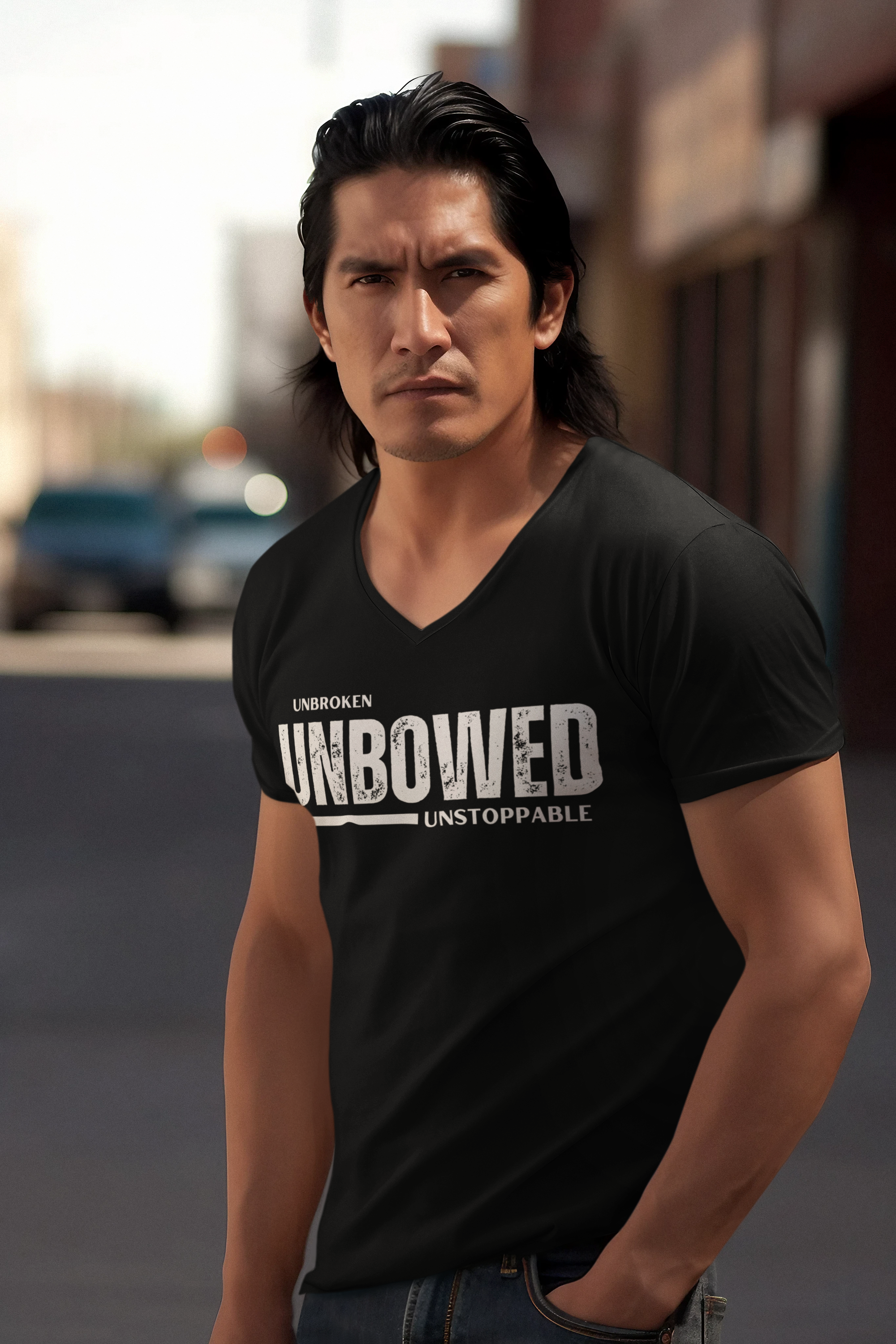 Unbroken. Unbowed. Unstoppable. | Men's 100% Cotton Fitted V-Neck T-Shirt | Sizes Up To 2XL