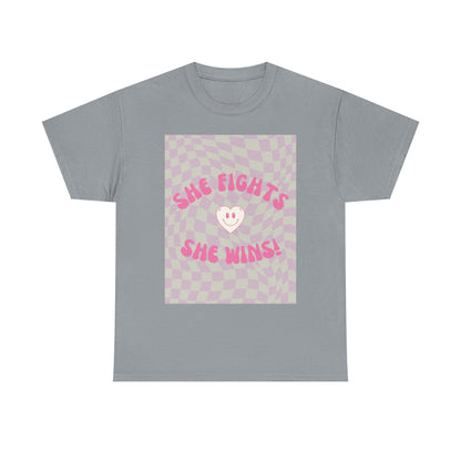 She Fights, She Wins! | Women’s Heavy 100% Cotton T-Shirt | Sizes Up To 5XL