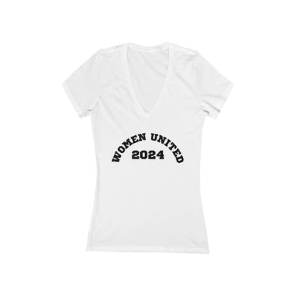 Women's Jersey Short Sleeve Deep V-Neck Tee | Women United 2024 (front) We Will Not Back Down (back)