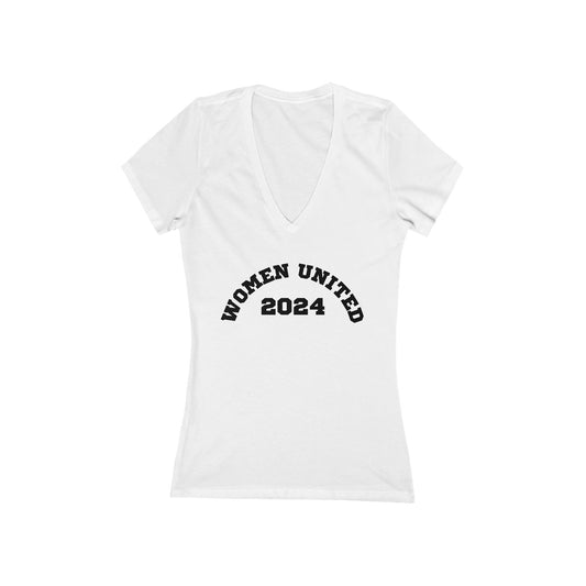 Women's Jersey Short Sleeve Deep V-Neck Tee | Women United 2024 (front) We Will Not Back Down (back)