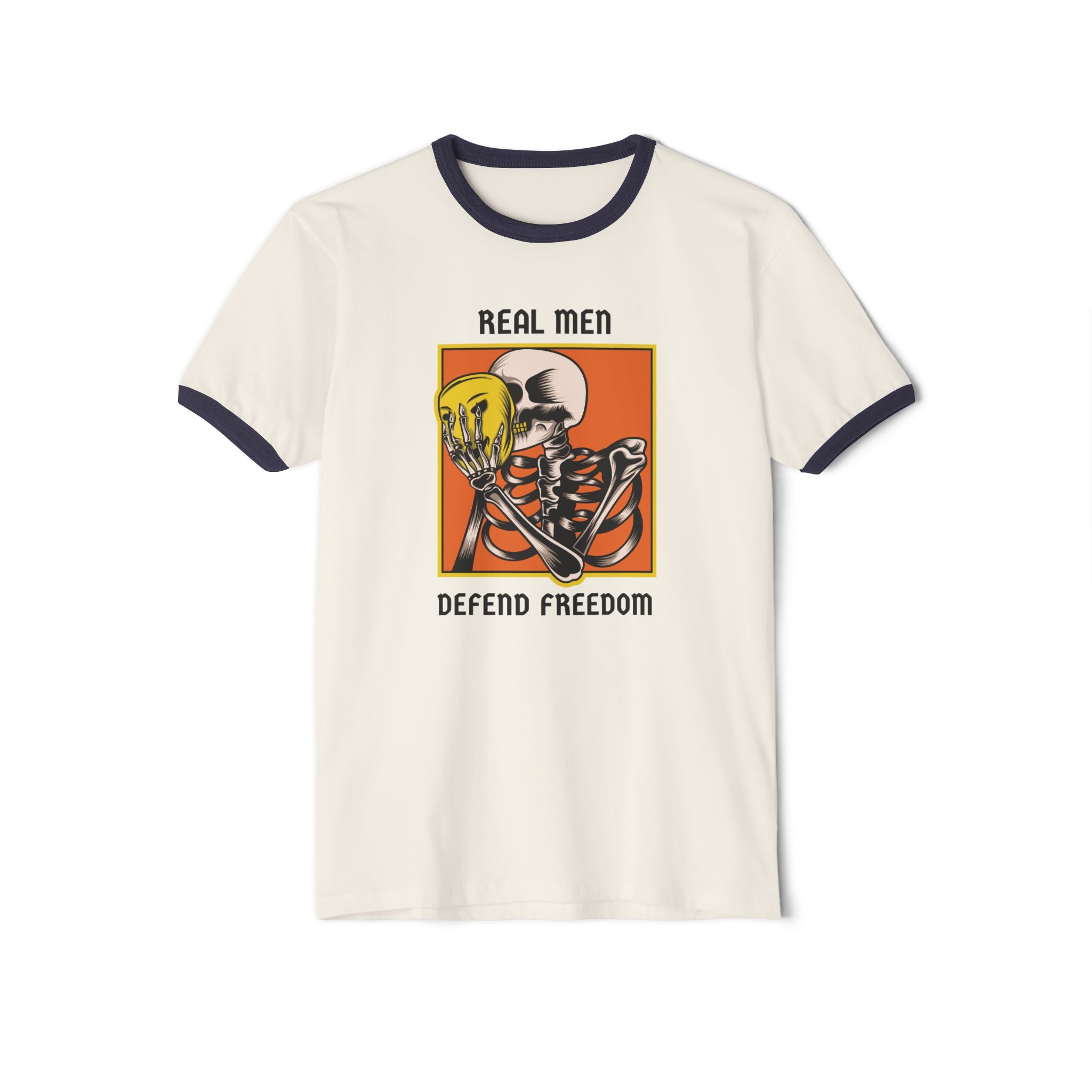 Real Men Defend Freedom | Men's Cotton Ringer T-Shirt | Sizes Up To 3XL