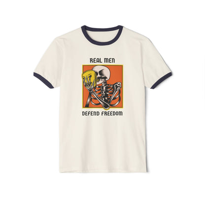 Real Men Defend Freedom | Men's Cotton Ringer T-Shirt | Sizes Up To 3XL
