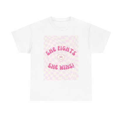 She Fights, She Wins! | Women’s Heavy 100% Cotton T-Shirt | Sizes Up To 5XL