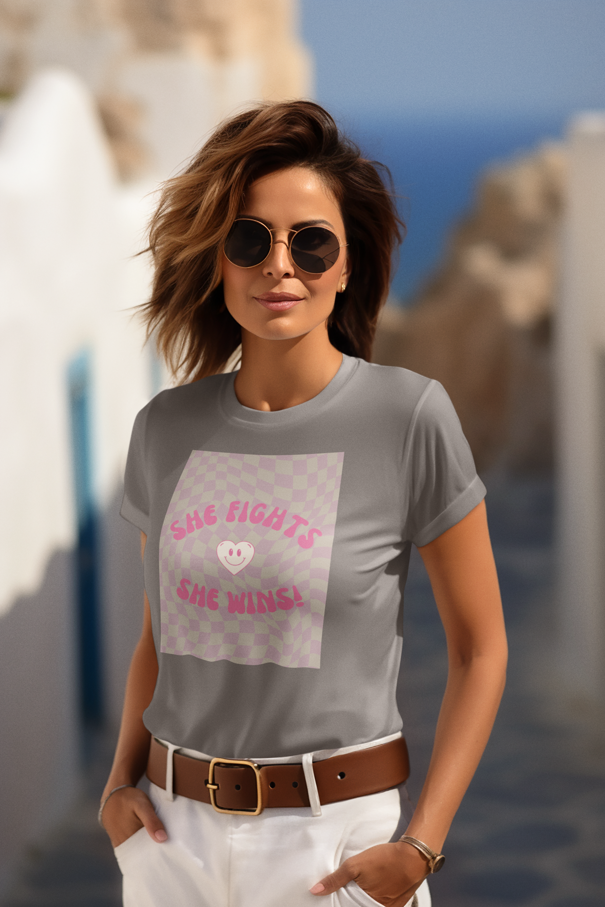 She Fights, She Wins! | Women’s Heavy 100% Cotton T-Shirt | Sizes Up To 5XL