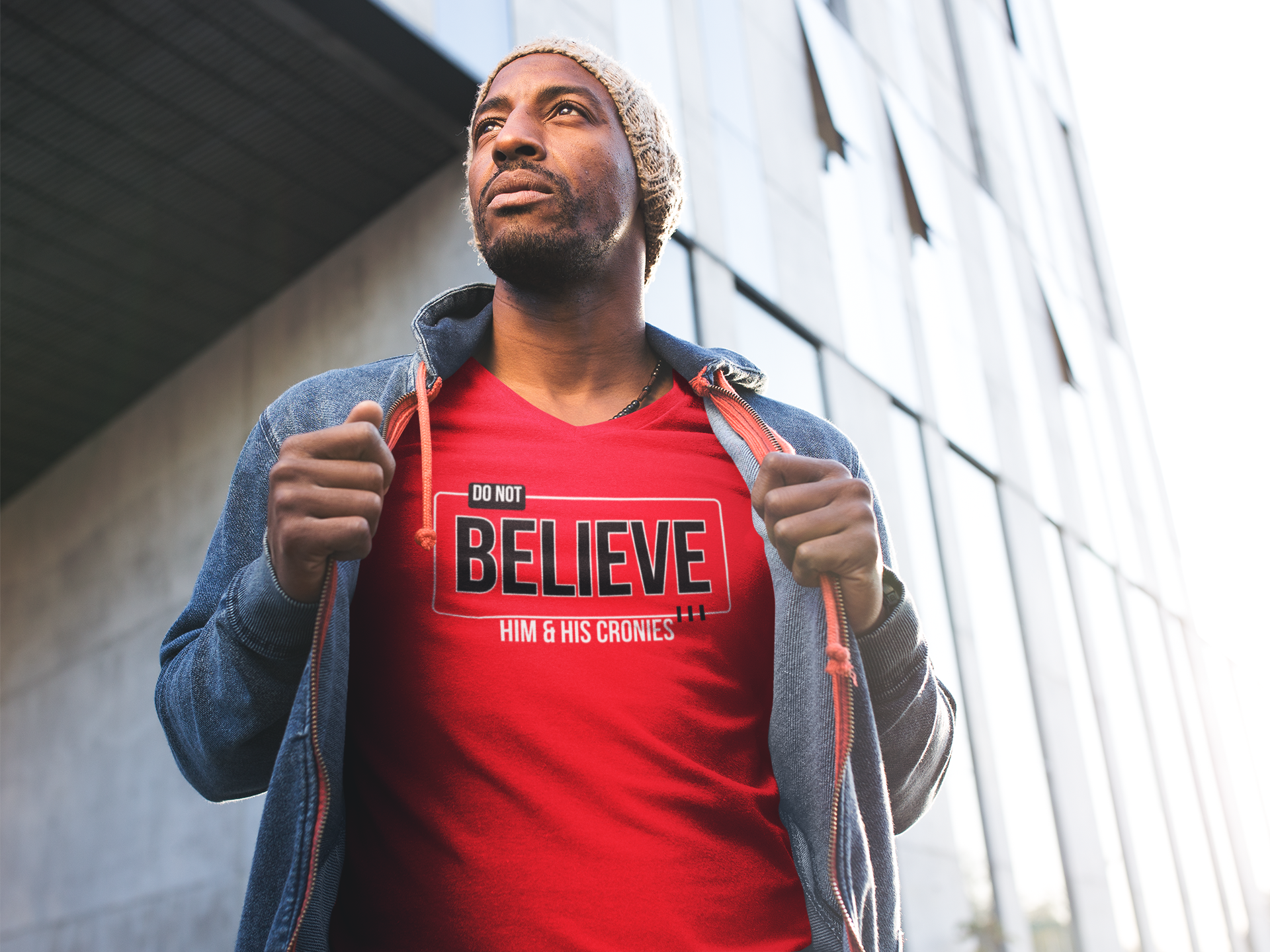 "Do Not Believe Him & His Cronies" | Men's Fitted V-Neck T-Shirt | Sizes Up to 2XL
