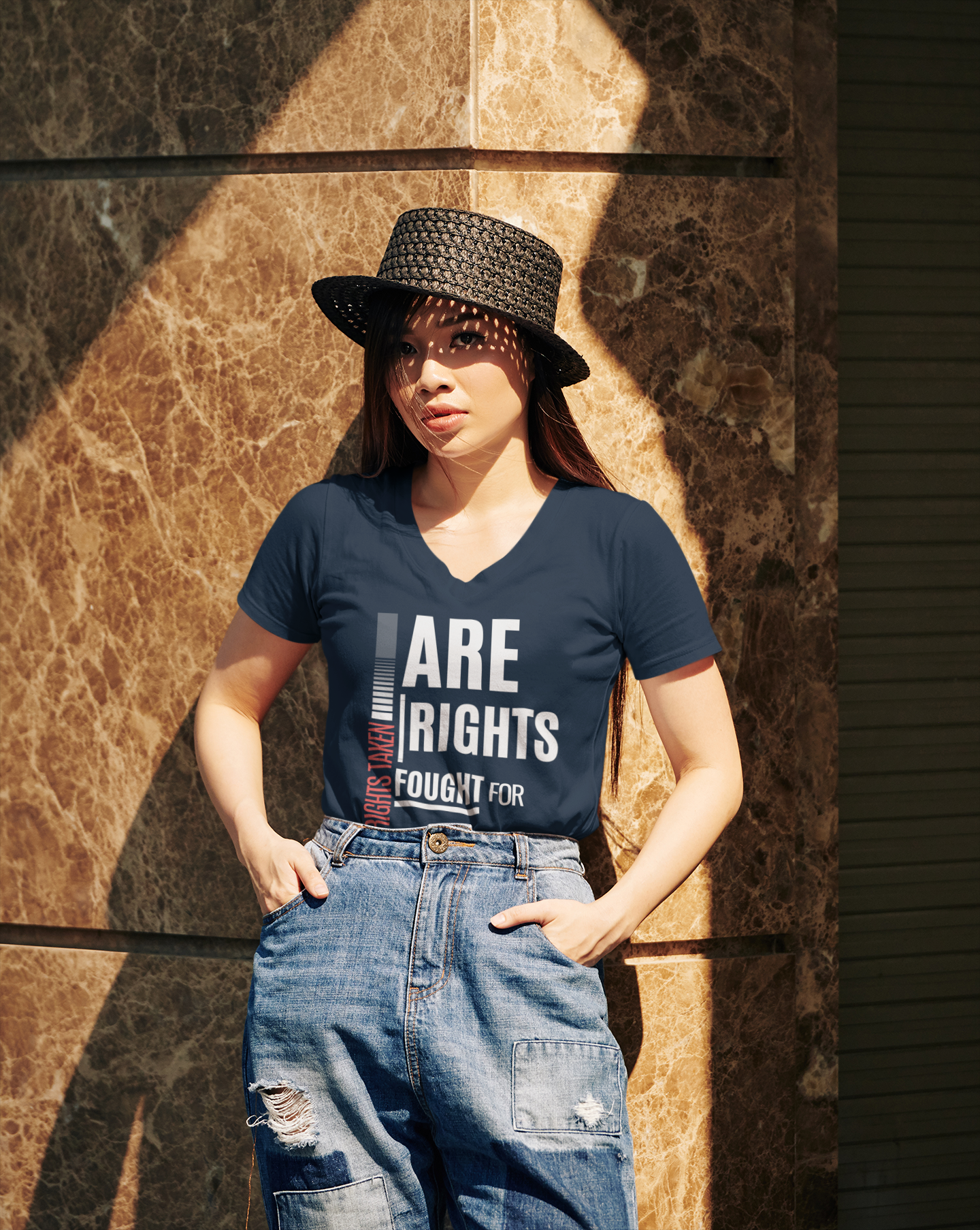Rights Taken Are Rights Fought For | Ladies' 100% Cotton V-Neck  T-Shirt | Sizes Up To 3XL